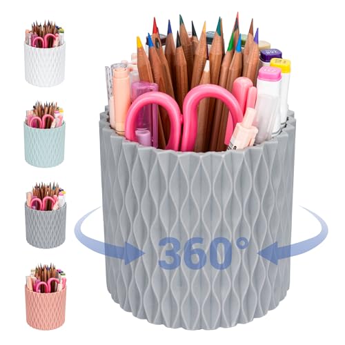 Pencil Holder - 360° Rotation, 5 Slot Desk Supplies For Women Office Aesthetic. Pencil Holder For Office&School, Desk Accessories(Grey) - color: grey