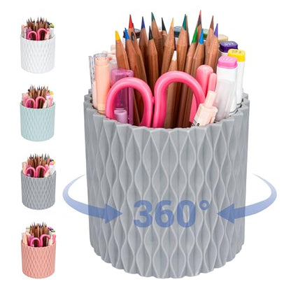 Pencil Holder - 360° Rotation, 5 Slot Desk Supplies For Women Office Aesthetic. Pencil Holder For Office&School, Desk Accessories(Grey) - color: grey