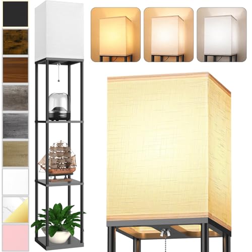 Floor Lamp with Shelves for Living Room, Shelf Floor Lamp with 3 CCT LED Bulb, Corner Display Standing Column Lamp Etagere Organizer Tower Nightstand with White Linen Shade for Bedroom, Office - color: Black