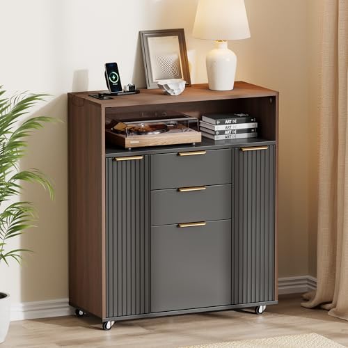 ModernMate Fluted Mobile File Cabinet with Charging Station | 37" Rolling Storage Cabinet with 3 Drawers, Printer Stand with Wheels for Home Office, Black Walnut - color: Black Walnut
