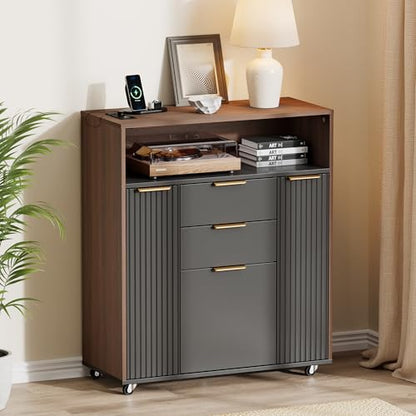 ModernMate Fluted Mobile File Cabinet with Charging Station | 37" Rolling Storage Cabinet with 3 Drawers, Printer Stand with Wheels for Home Office, Black Walnut - color: Black Walnut
