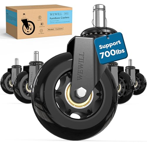 WEWILL Office Chair Wheels - Rubber Casters Replacement Universal Fit 98% Chair(Set of 5) Heavy Duty 3 Inch Smoothly & Quietly Safe for All Floor, Hardwood, Tile, Carpet, Noise Free - Black - color: Black