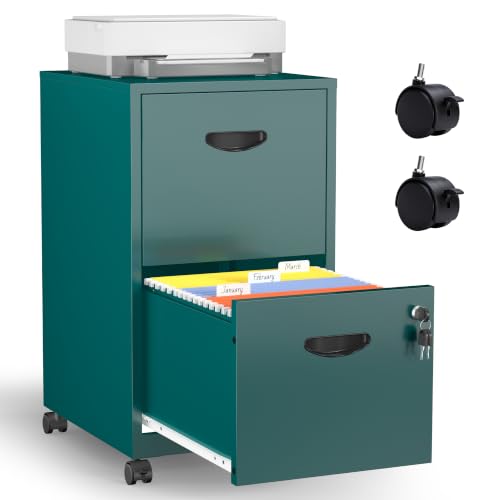 Metal 2 Drawer File Cabinet with Lock & Wheels for Office, Green | Small Mobile File Cabinets for Home Office, Under Desk Vertical Rolling File Cabinet Fit Hanging Files, Letter & A4 Documents - color: Green, style: 2 Drawers Mobile File Cabinet