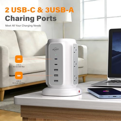 AiJoy 10FT Flat Plug Power Strip Tower with 9 AC Outlets and 5 USB Ports - color: White-10FT