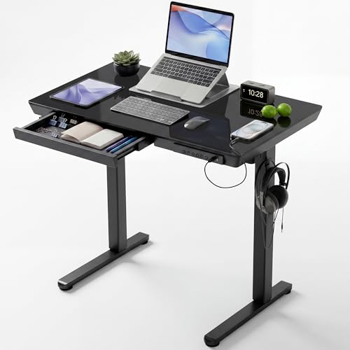 INNOVAR 35" Small Glass Standing Desk with Drawers & USB Ports, Whole-Piece Glass Top Adjustable Height Desks, Quick-Install Electric Sit-Stand Up Desk for Home Office & Computer Workstation, Black - color: Black, size: 35 inch with USB