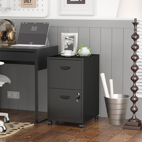 SteeLoong 2 Drawer File Cabinet,Metal Mobile File Cabinet with Lock Black | Filing Cabinet with Wheel,Vertical File Cabinet for Home Office,Under Desk Rolling File Cabinets for Hanging Letter/A4 - color: Black, style: 2 Drawer on Wheels
