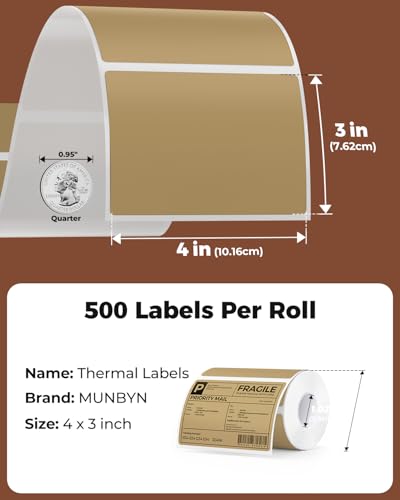 MUNBYN 4x3 Thermal Labels, 500 Sheets/1 Roll, Brown - color: Brown, size: 4x3"