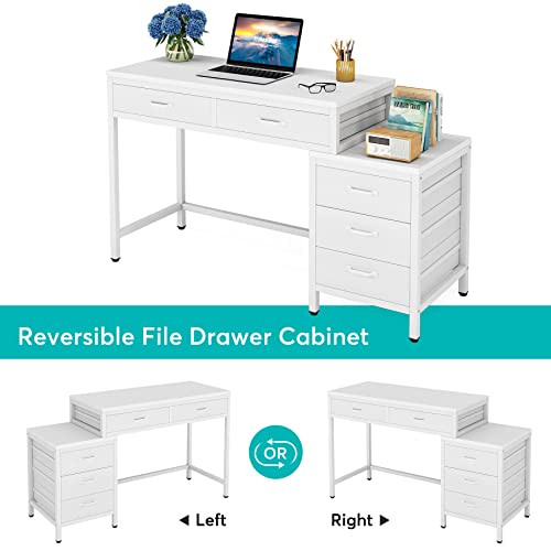 Little Tree Computer Desk with 5 Drawers, Home Office Desks with Reversible File Drawer Cabinet Printer Stand - color: White