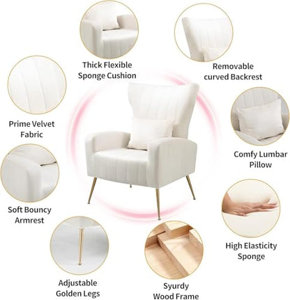 Velvet Accent Chair for Living Room Bedroom, Modern Arm Chair with Wingback & Gold Metal Legs, Lumbar Pillow Included, White - color: White, size: 1PC with Channel Tufted
