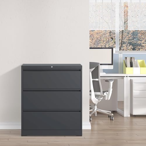 3 Drawer Lateral File Cabinet with Lock,Black Home Office Cabinet | Heavy Duty Large Steel Filing Cabinets Wide Storage Cabinet for Legal/Letter Size File,Assembly Required - size: Lateral-3 drawers