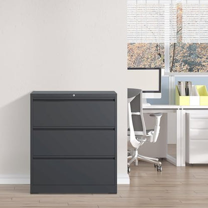3 Drawer Lateral File Cabinet with Lock,Black Home Office Cabinet | Heavy Duty Large Steel Filing Cabinets Wide Storage Cabinet for Legal/Letter Size File,Assembly Required - size: Lateral-3 drawers