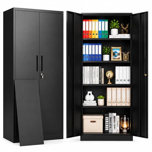 SAWJEC Metal Storage Cabinet with Locking Doors and 4 Adjustable Shelves | 71"H Tall Black Steel Cabinet, 32"W x 16"D, 4 Adjustable Shelves, Lockable Doors for Garage, Workshop and Home Storage - color: Black, size: 16"D x 32"W x 71"H