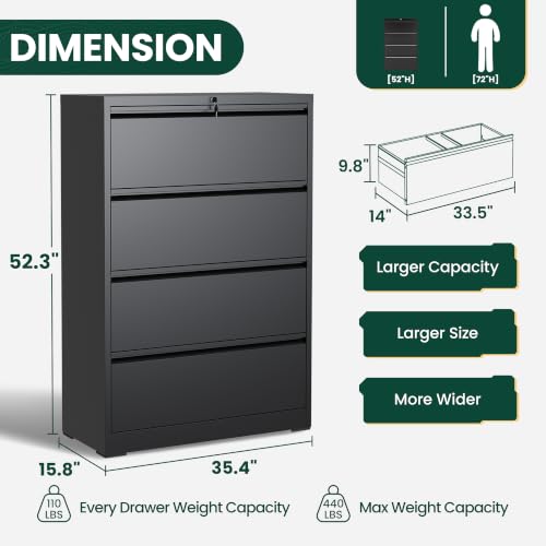 4 Drawer Lateral File Cabinet, Metal Filing Cabinet for Home Office, Black | Heavy-Duty Steel Locking Large File Cabinet, Hanging Letter/Legal/A4 Size, Full-Extension Silent Drawer, Un-Assembly - color: Black, size: 4 Drawers (35.43 in Width)