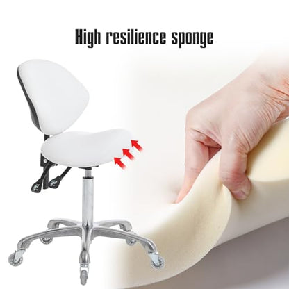 Hydraulic Saddle Rolling Adjustable, Heavy-Duty (350 lbs) Stool Chair for Beauty Salon Massage Dental Clinic Home Office Use(White, Updated to Soft Wheels) - color: White