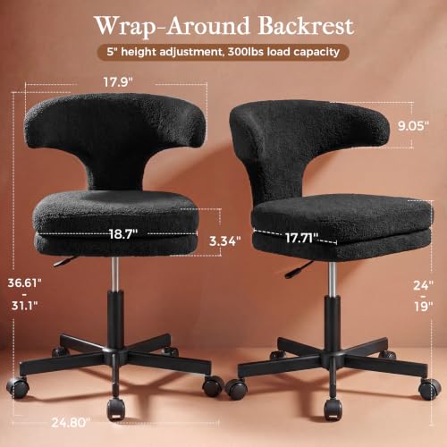 GTPLAYER Swivel Office Desk Chair with Wheels, Adjustable Height Vanity Chair with Back Support, Comfy Rolling Stool for Home Office, Bedroom & Makeup Vanity, Sweet Gift for Girls and Women - color: Pure Black