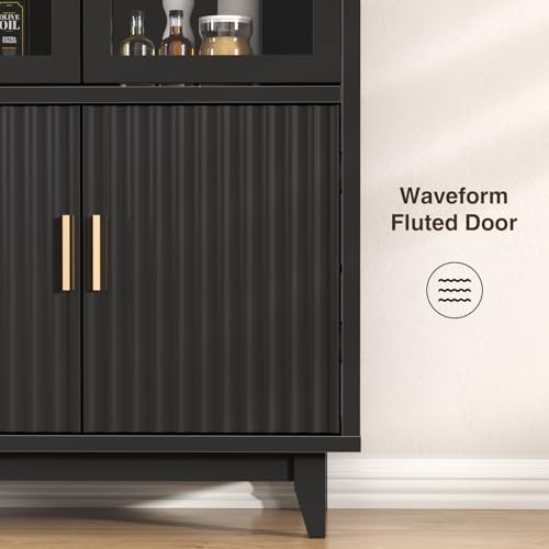 Arched Cabinet with Glass Doors, Fluted Pantry Cabinet with Solid Wood Legs - color: Black, size: Tall Arched - 15.7"D x 31.1"W x 70.8"H