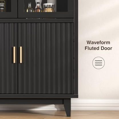 Arched Cabinet with Glass Doors, Fluted Pantry Cabinet with Solid Wood Legs - color: Black, size: Tall Arched - 15.7"D x 31.1"W x 70.8"H