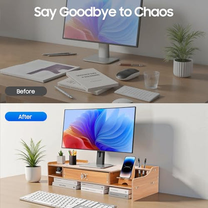 Wood Monitor Riser with Lockable Drawer, Computer/Laptop/PC Stand for Desk Organizer for Homes, Schools Monitor Stand Capacity 5.51-11.02 Lbs with Phone Holder & Pen Holes