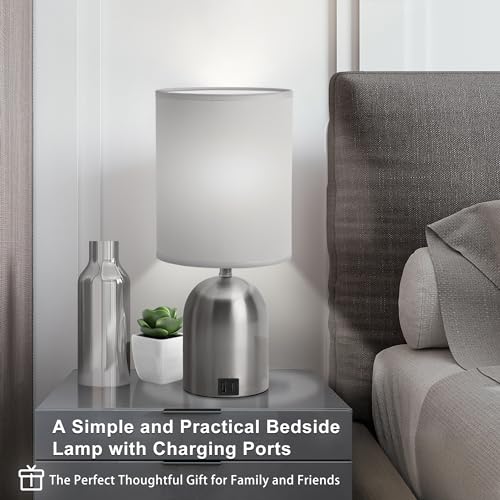 Bedside Table Lamp for Bedroom, 3 Way Dimmable Touch Desk Lamp | USB Charging Port Table Lamps for Living Room, Bedroom, Reading Room, Office, Grey/Sliver