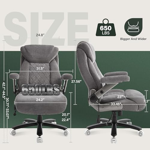 650lbs Big and Tall Office Chair with Thick Spring Cushion,5D Flip Arm Ergonomic Executive Office Chair Adjustable Lumbar Airbag&Extra Wide,Comfy Large Padded Heavy Duty Game Chair,Greycloth - color: Greycloth