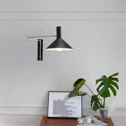 Modern Industrial Black Conical Shade Wall Sconce Minimalist Adjustable Swing Arm Lamp Chrome Metal Accent Mount Light Fixture for Bedroom Living