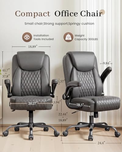 COMHOMA Mid-Back Office Chair, Ergonomic PU Desk Chair with Flip up Arms, Small Computer Gaming with Comfy Lumbar Support,Rocking Function,Sturdy Metal Base, Grey - color: Grey