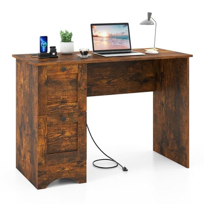 Tangkula Computer Desk with Drawers & Charging Station, Wooden Home Office Desk PC Laptop Notebook Desk, Compact Study Desk Writing Desk, Computer Workstation Ideal for Home & Office (Rustic Brown) - color: Rustic Brown