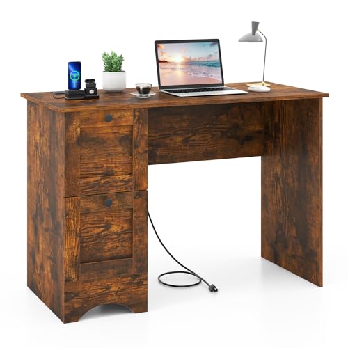 Tangkula Computer Desk with Drawers & Charging Station, Wooden Home Office Desk PC Laptop Notebook Desk, Compact Study Desk Writing Desk, Computer Workstation Ideal for Home & Office (Rustic Brown) - color: Rustic Brown