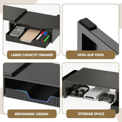 LEKETREE Dual Monitor Stand Riser with Drawer and 2 Pen Holders, Black - color: Black