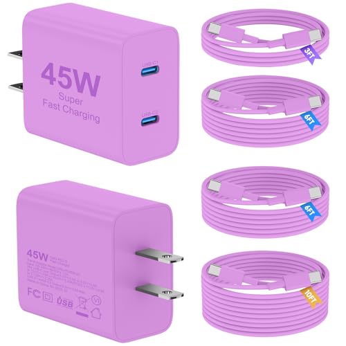 45W iPhone 17 16 15 Charger Fast Charging, 2 Pack Dual Port USB C Charger - color: Purple, size: 2pack-(3+6+6+10)ft