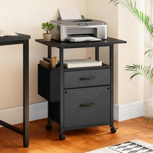 Simple Deluxe 2 Drawer File Cabinet with 24" Extended Desktop, Mobile Filing Cabinet, Rolling File Cabinet with Side Bag, Fabric Drawer, Fits A4/Letter Size, Printer Stand Home Office, Black - color: Black, size: 15"D x 24"W x 25.6"H (2 Drawers)