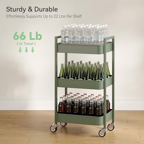Nunsino 3 Tier Rolling Cart,Utility Cart with Locking Wheels, Hanging Cups,&Hooks, Heavy Duty Metal Storage Organizer Cart for Kitchen,Office, Bathroom,Craft Room,Green - color: Green