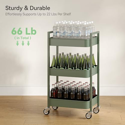 Nunsino 3 Tier Rolling Cart,Utility Cart with Locking Wheels, Hanging Cups,&Hooks, Heavy Duty Metal Storage Organizer Cart for Kitchen,Office, Bathroom,Craft Room,Green - color: Green