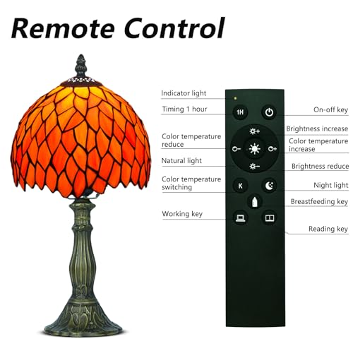 8 Inch Small Stained Glass Style Table Lamp with Remote Control, Orange - color: Orange Wisteria
