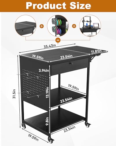 Baoz 4 Tier 3D Printer Stand with Filament Storage & Lockable Wheels(Black) | 3D Printer Table with 1 Drawer, Rolling 3D Printer Cart with 4 Spool Hooks, Sturdy 3D Printer Desk for Studio, Home Office