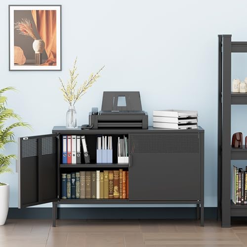 Ustamio Black Wide Metal Locker Storage Cabinet, 2 Door Accent Cabinet for Home and Office, 2 Tier Low Metal Cabinet With Doors and Shelf, Multipurpose TV Stand - color: Black, size: 25.2"H-Metal Doors