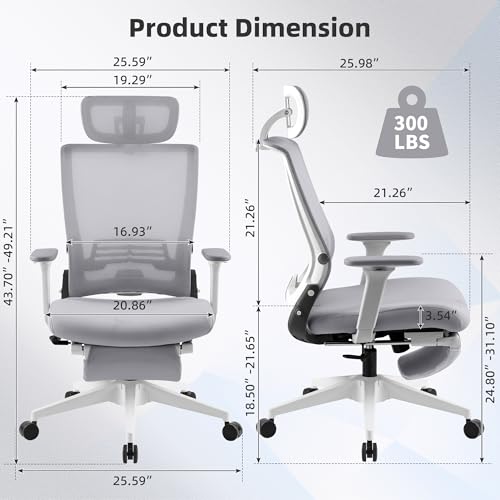 Ergonomic Foldable Office Chair with Footrest and Lumbar Support, Grey | Compact desk chair with space-saving folding design, 2D headrest, 2D armrests, computer cahirs for home office - color: Grey