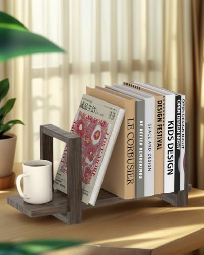 100% Solid Wood Adjustable Desktop Bookshelf, Retro Tabletop Bookshelf, Desk Shelf for Living Room, Home, Office, Perfect for Magazine, Books, Cookbooks, No Tools Required to Assemble, Dark Brown - color: Dark Brown