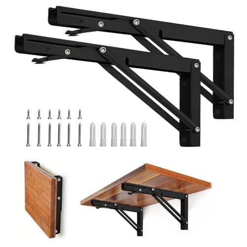 Storystore Folding Shelf Brackets - 10 Inch Heavy Duty Metal Collapsible Shelf Bracket for Bench Table, Shelf Hinge Wall Mounted Space Saving DIY Bracket, Max Load: 150 lb (2 PCS, Black) - size: 10 Inch