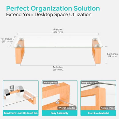 YEOUX Multi-Purpose Desktop Stand - 17.0" x 9.0" x 3.5" (Clear & Beech) | Clear Floating Glass Top with Natural Wood Base, Desk Organization, for Computer, Printer, Laptop, Audio Device, Flat Screen - color: Beech&Clear