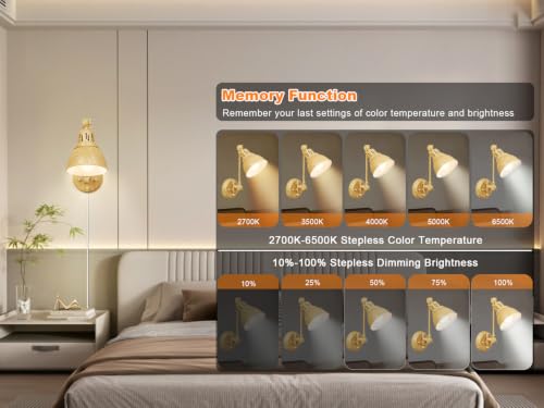 GOODATE 2 Pack Plug in Wall Sconces with Remote Control, Dimming, Adjustable Colors 2700K-6500K, Swing Arm Wall Lamps with Night Light & Timer, Plug-in or Hardwired, LED Bulbs Included, Oak Finish - size: Oak-2 PACK(Bulbs+Remote)