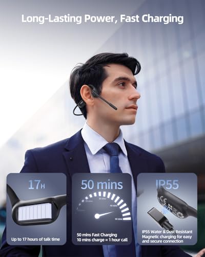 Open-Ear Bone Conduction Headphones with Mic, Trucker Bluetooth 6.1 Headset with ENC DSP Beamforming Noise Canceling Mic, Mute Button 17H Play Dual Connect for Work Calls, Truck