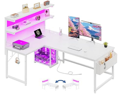 DurayLoly 53"White L Shaped Desk with LED Light & 5 Power Outlet for Gaming | 41 Vivid Lighting Modes LED of Gaming Desk; Built-In Charging Hub (3 AC+2 USB) Charges 5 Devices to Tidy Gaming Station,White - color: White, size: 53Inch