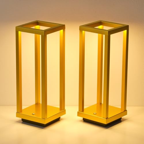 PUSU Cordless Waterproof Table Lamps Set of 2, Gold LED Outdoor Desk Lamp | Rechargeable 4000mAh Battery Operated, 2700K 3-Level Dimmable, Portable Lighting for Patio, Camping, Bedroom, Night Light - color: Coated Gold (2 Pack)