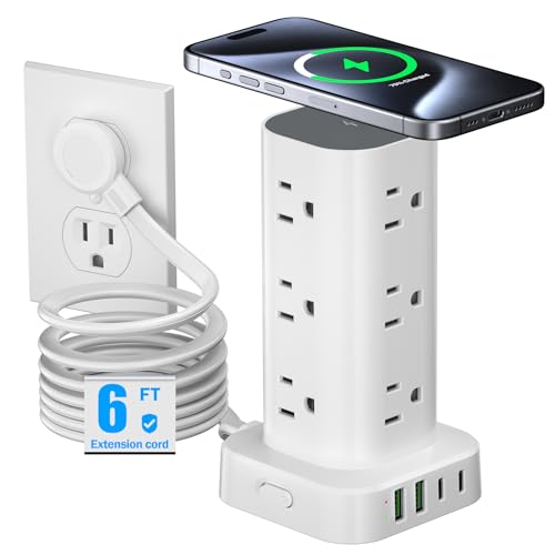 Tower Power Strip with 15W Wireless Charger, 6FT Flat Plug Extension Cord with Multiple Outlets, 12 AC Outlets, 4 USB Ports (2 USB C) Charging Station Surge Protector for Office Home Dorm Room (White) - color: White, size: 6FT with wireless charging