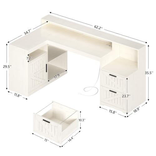 63" Farmhouse L Shaped Desk with Drawers and Printer Stand for Home Office - color: White