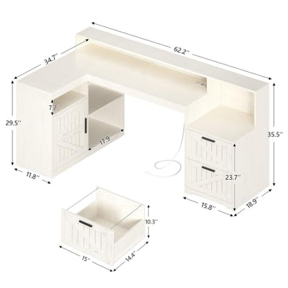 63" Farmhouse L Shaped Desk with Drawers and Printer Stand for Home Office - color: White