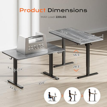 Huuger 48 x 28 Large Electric Standing Desk, Height Adjustable Desk, 27.6" Deep Desktop, Stand up Gaming, 2 Hooks, 3 Preset Heights, for Home Office, Grey - color: Grey, size: 48*28 inch (no outlets)
