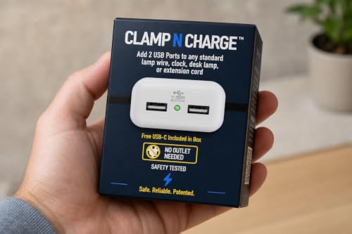 Clamp N Charge USB Charging Station for Lamp Cords, No Outlet, No Rewiring | DIY install in under a minute with a Phillips screwdriver; fits flat lamp cords, charges 2 devices, USB-C adapter included