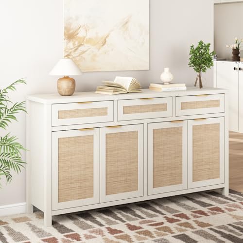 HOKYHOKY 63" Rattan Sideboard Buffet Cabinet, Boho Storage Cabinet - color: Rustic White, size: 63-Inch